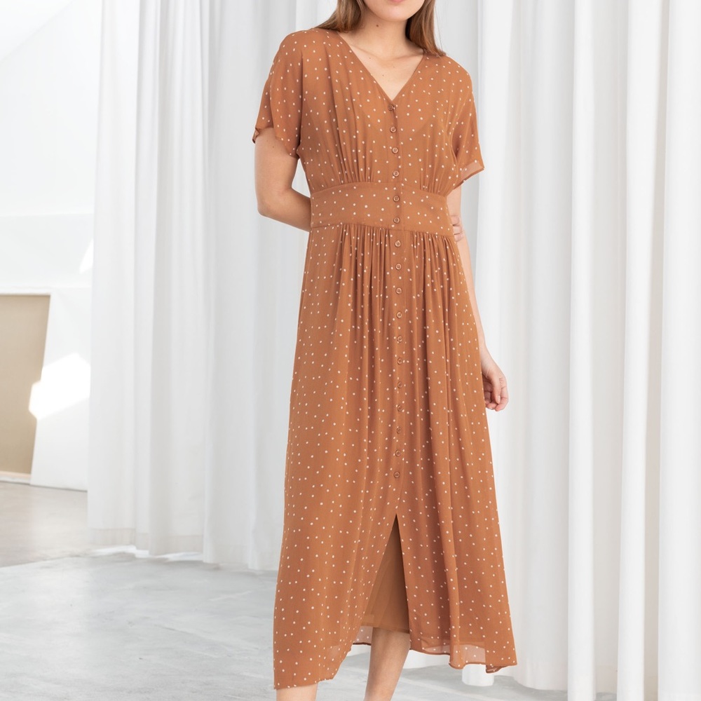 & Other Stories Los Angeles polka dot v-neck midi dress button down